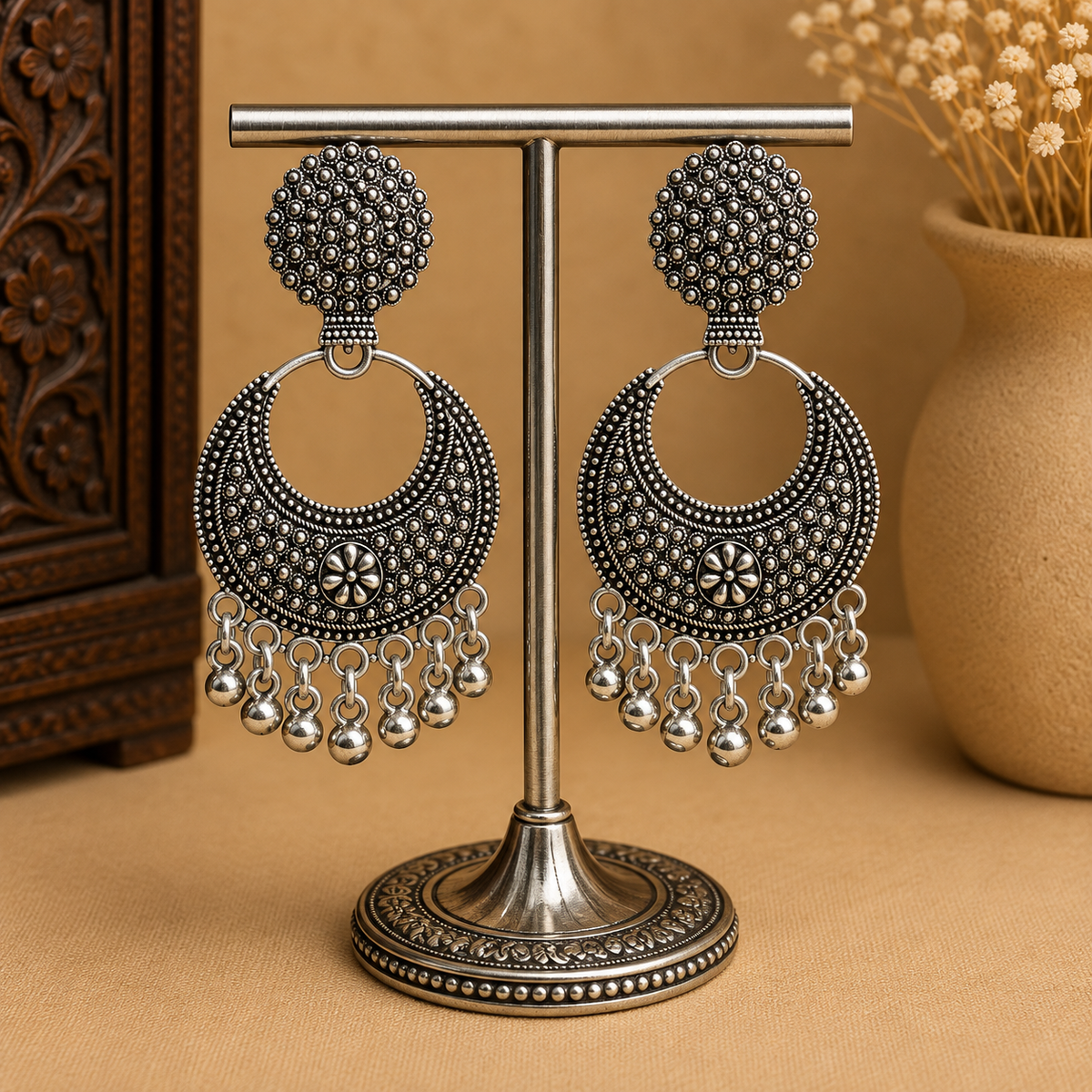 Oxidized Silver Jhumka Earrings for Women | Traditional Floral Drop Earrings