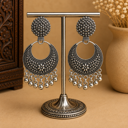 Oxidized Silver Jhumka Earrings for Women | Traditional Floral Drop Earrings