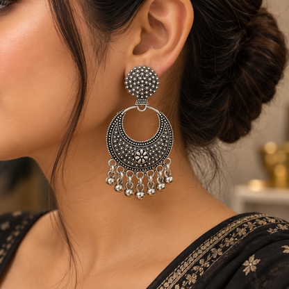 Oxidized Silver Jhumka Earrings for Women | Traditional Floral Drop Earrings