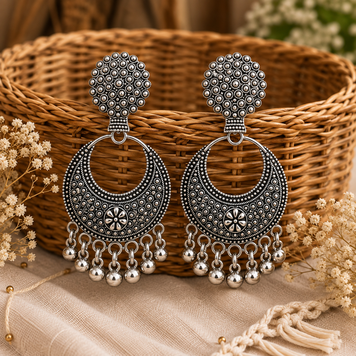 Oxidized Silver Jhumka Earrings for Women | Traditional Floral Drop Earrings