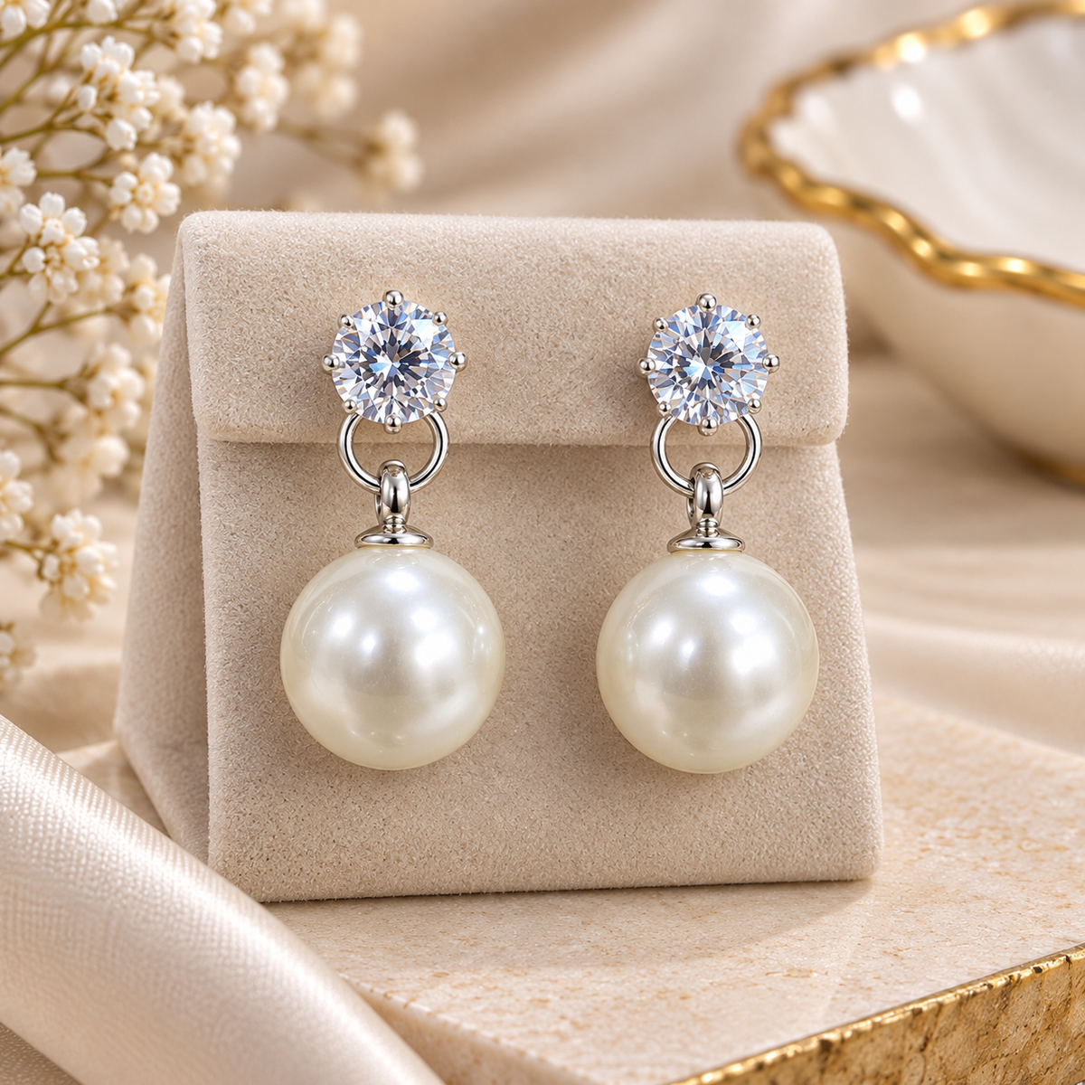 Pearl Drop Earrings for Women | Elegant Crystal Stud & White Pearl Dangle Earrings
