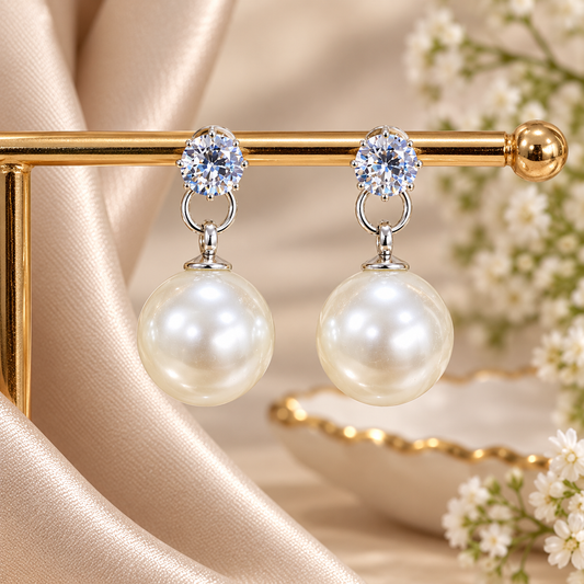 Pearl Drop Earrings for Women | Elegant Crystal Stud & White Pearl Dangle Earrings