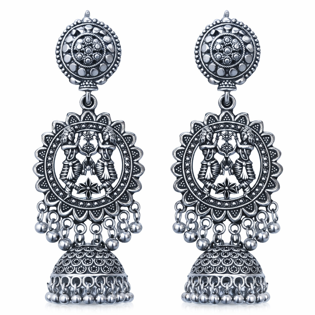 Oxidised Silver Krishna Jhumka Earrings for Women
