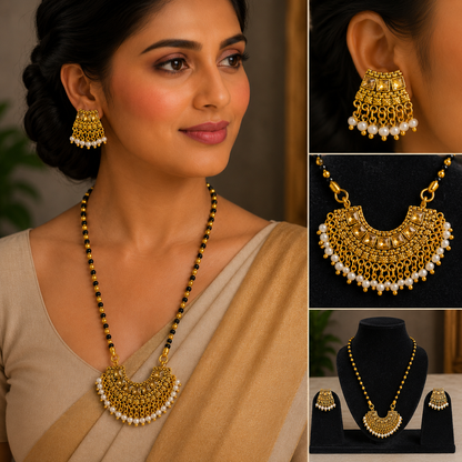 Traditional Black Beaded Pearl Drop Necklace Set for Women