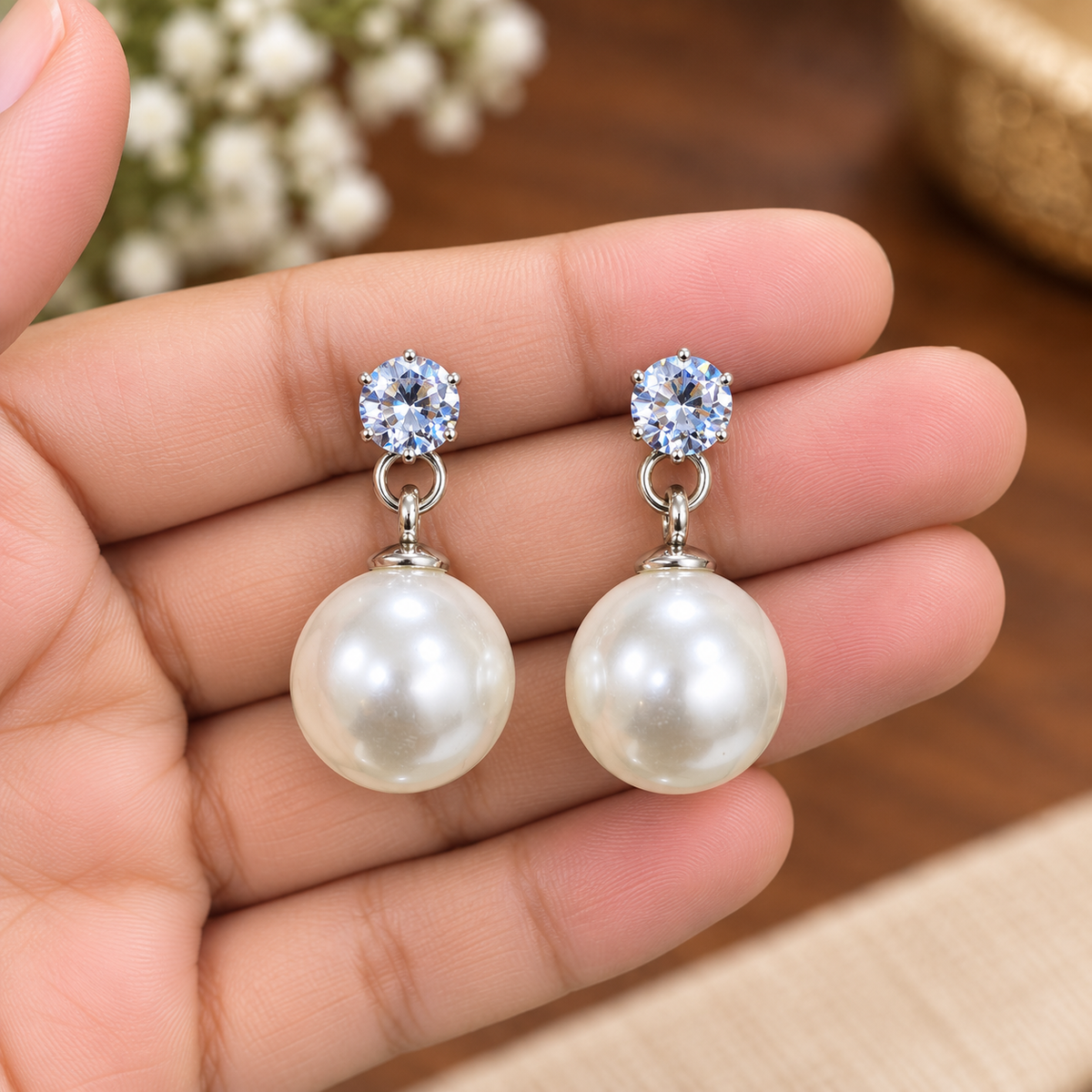 Pearl Drop Earrings for Women | Elegant Crystal Stud & White Pearl Dangle Earrings