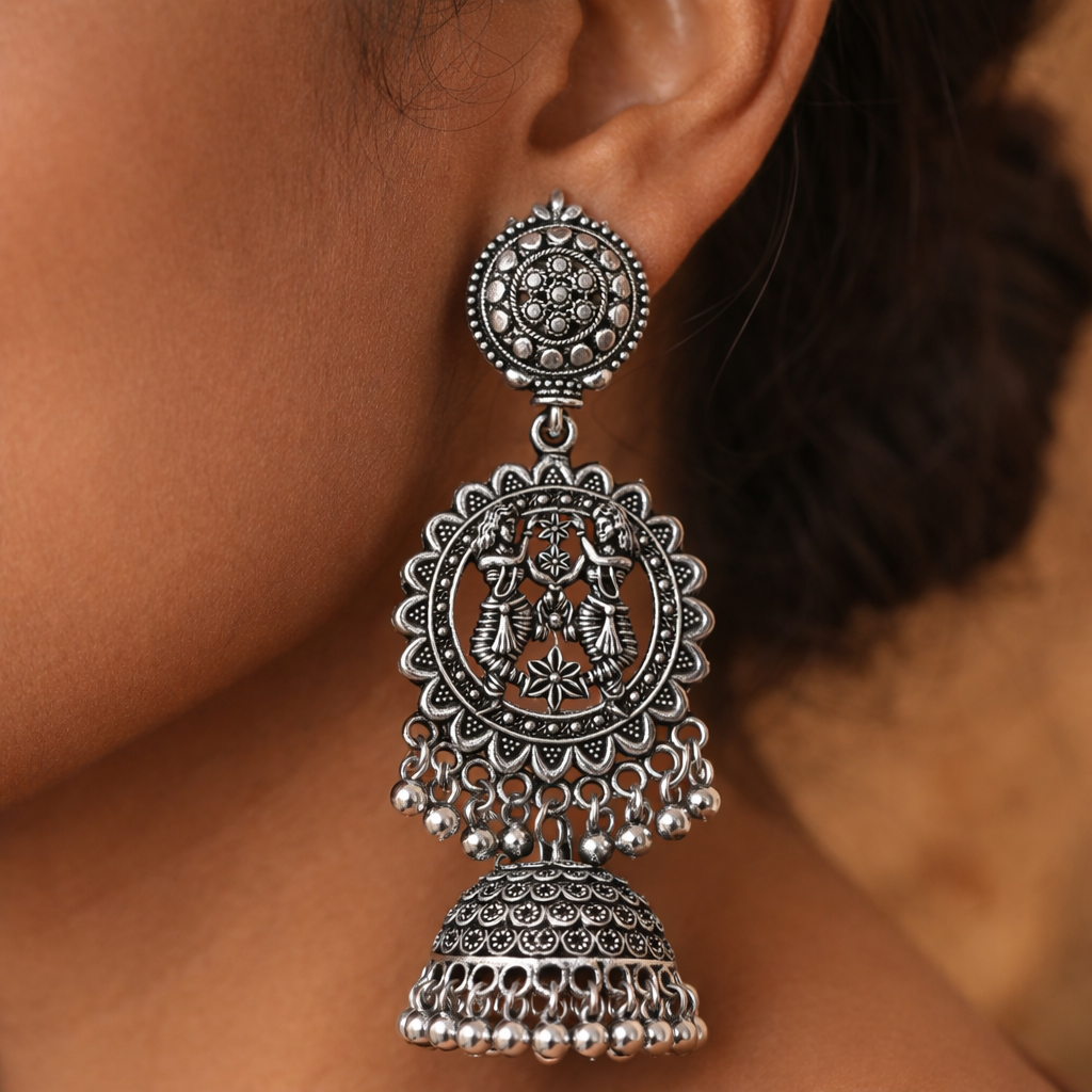Oxidised Silver Krishna Jhumka Earrings for Women