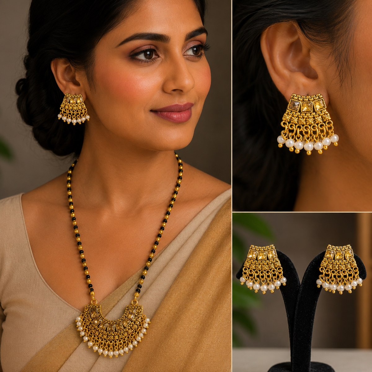 Traditional Black Beaded Pearl Drop Necklace Set for Women