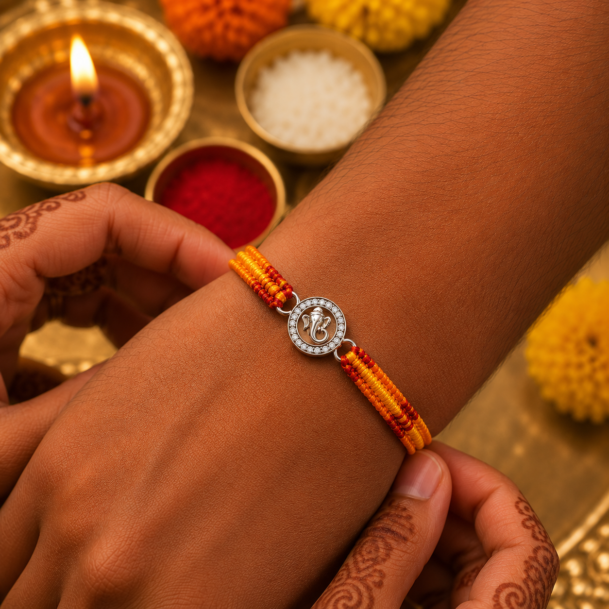 Silver Ganesha Rakhi with Handwoven Thread