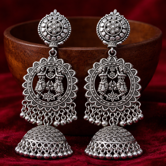 Oxidised Silver Krishna Jhumka Earrings for Women