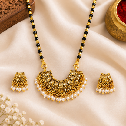 Traditional Black Beaded Pearl Drop Necklace Set for Women