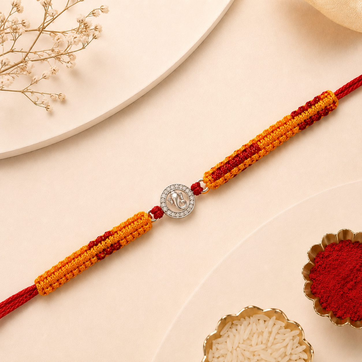 Silver Ganesha Rakhi with Handwoven Thread