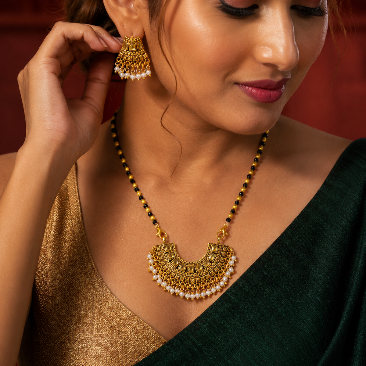 Traditional Black Beaded Pearl Drop Necklace Set for Women