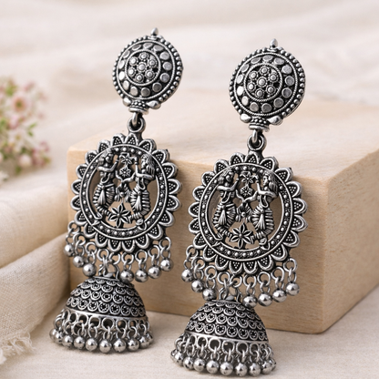 Oxidised Silver Krishna Jhumka Earrings for Women
