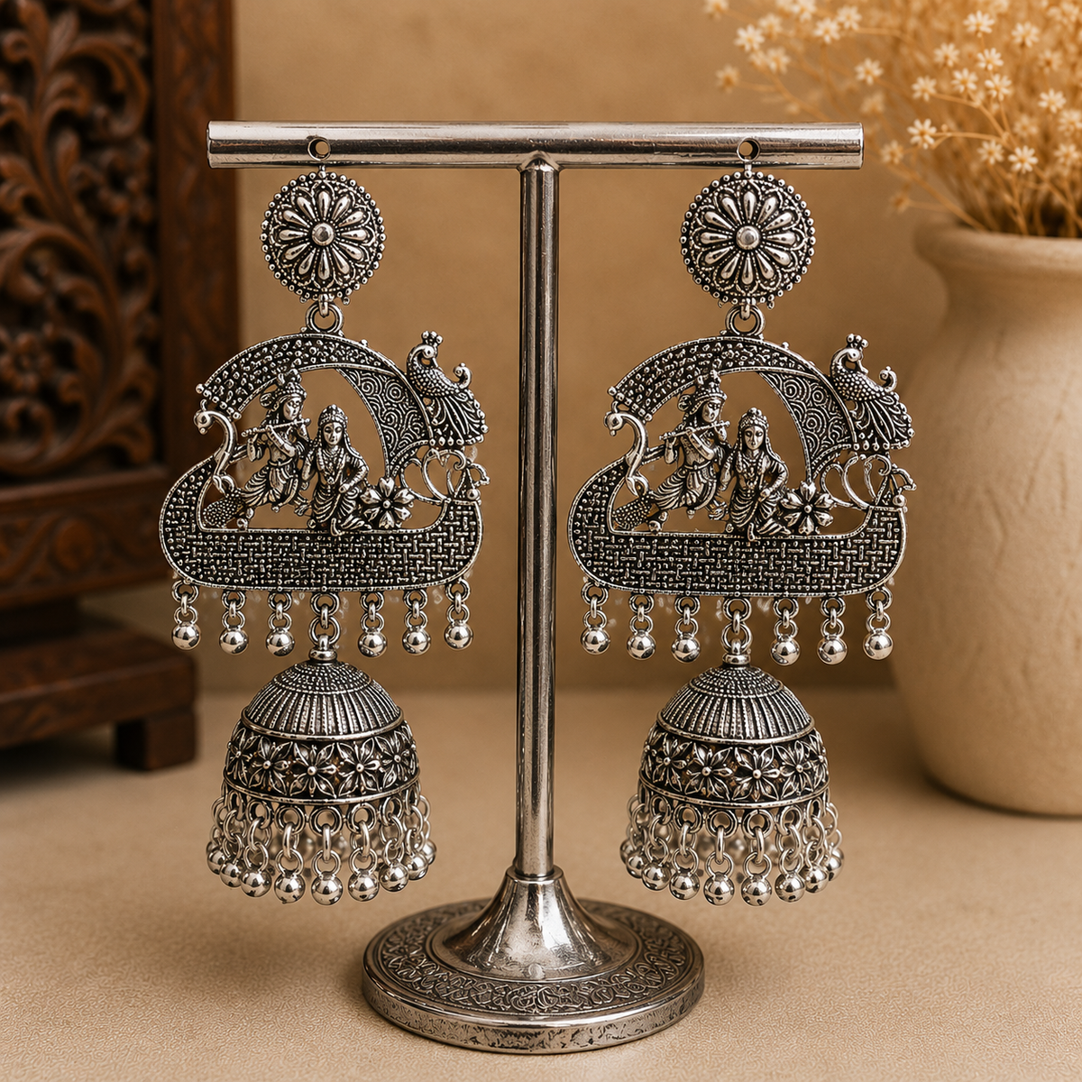 Antique Silver Radha Krishna Peacock Jhumka Earrings for Women