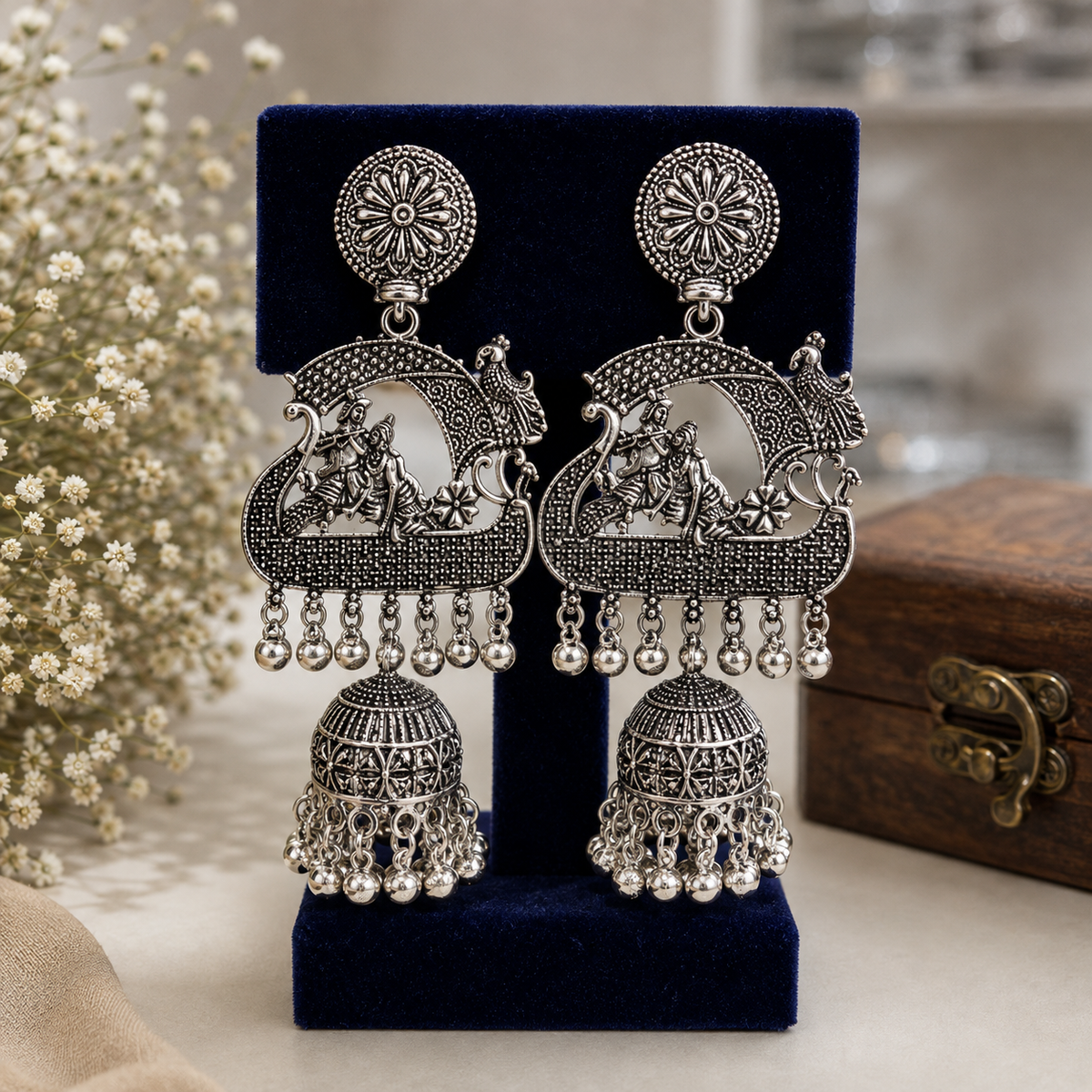 Antique Silver Radha Krishna Peacock Jhumka Earrings for Women