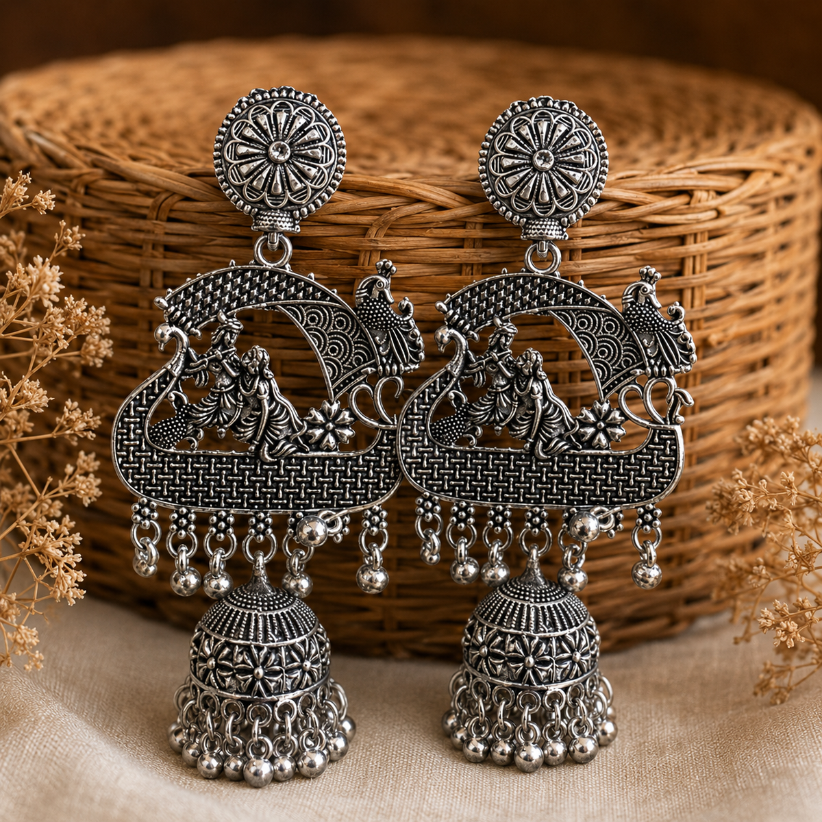 Antique Silver Radha Krishna Peacock Jhumka Earrings for Women