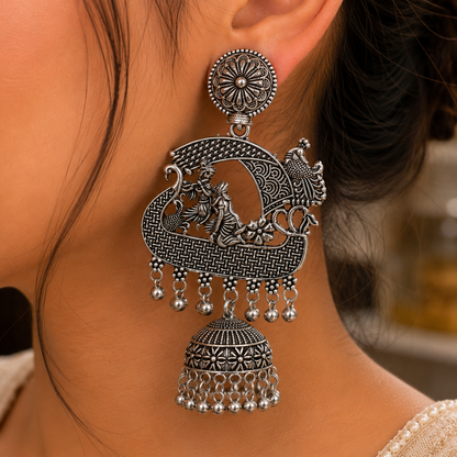 Antique Silver Radha Krishna Peacock Jhumka Earrings for Women