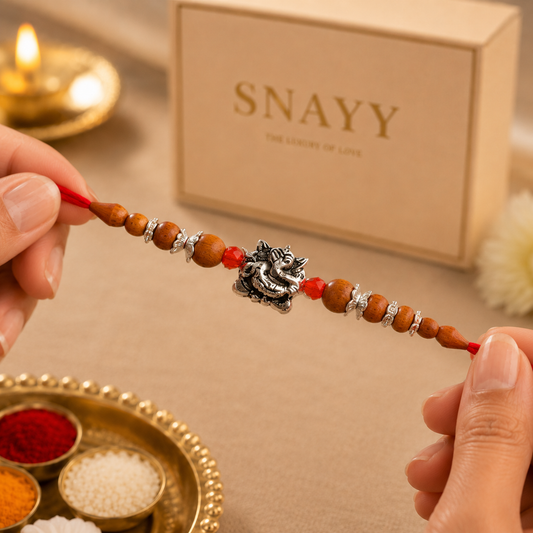 Premium 925 Silver Ganesha Wooden Beads Rakhi