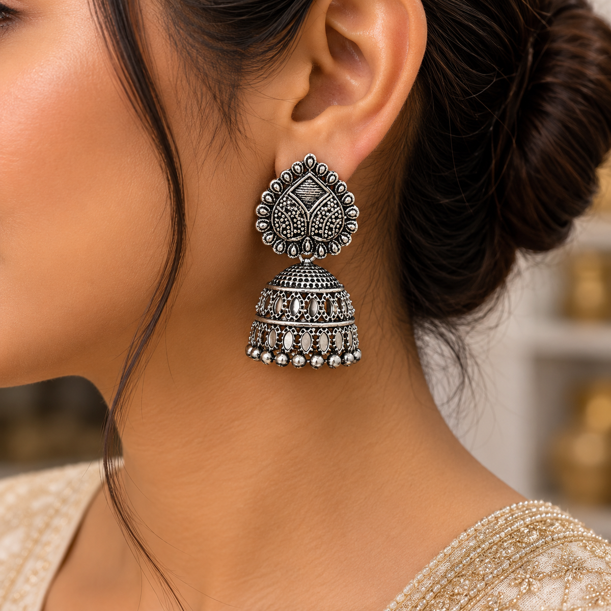 Traditional Oxidized Silver Jhumka Earrings for Women | Ethnic Statement Earrings