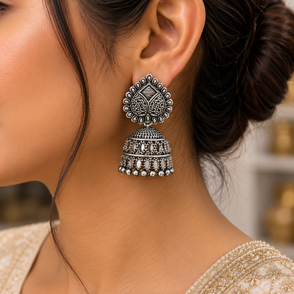 Traditional Oxidized Silver Jhumka Earrings for Women | Ethnic Statement Earrings