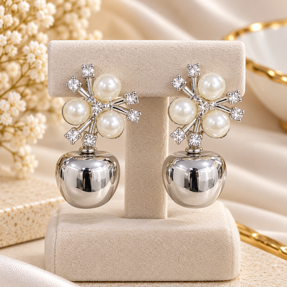 Pearl & Crystal Silver Drop Earrings for Women | Elegant Statement Party Wear Earrings