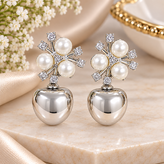 Pearl & Crystal Silver Drop Earrings for Women | Elegant Statement Party Wear Earrings