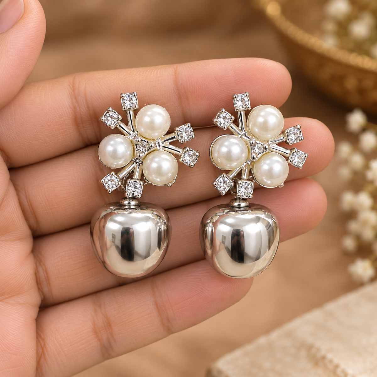 Pearl & Crystal Silver Drop Earrings for Women | Elegant Statement Party Wear Earrings