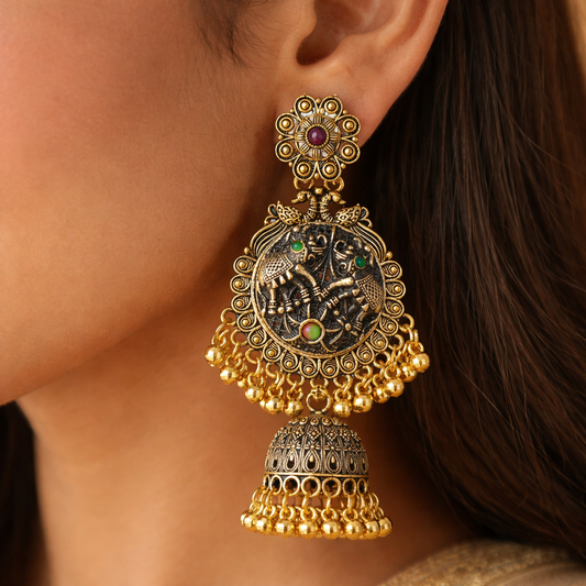 Antique Gold Krishna Jhumka Earrings with Ruby & Green Stones