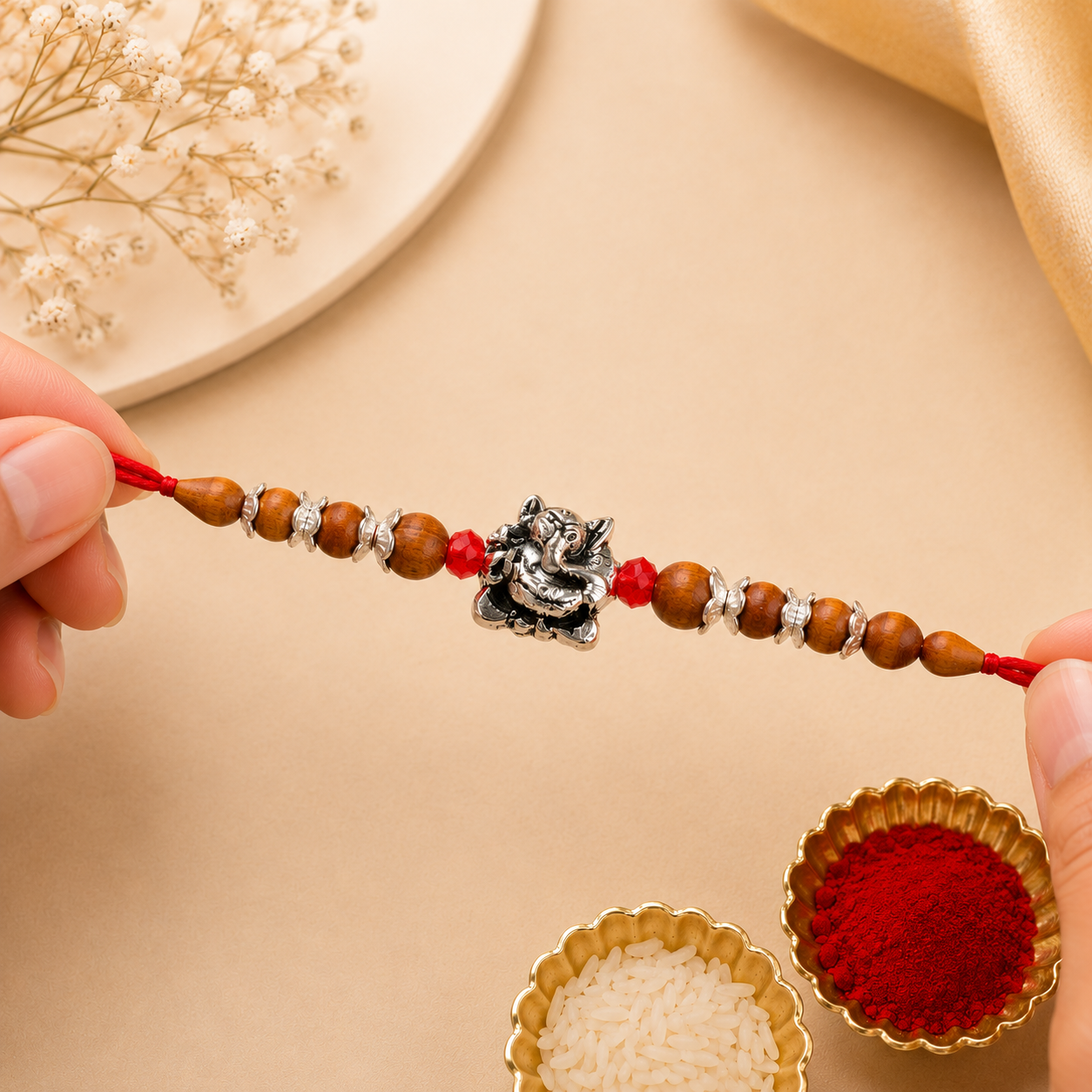 Premium 925 Silver Ganesha Wooden Beads Rakhi
