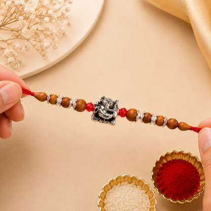 Premium 925 Silver Ganesha Wooden Beads Rakhi