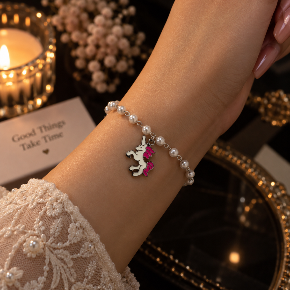 White Pearl Unicorn Charm Bracelet for Girls & Kids | Cute Fashion Bracelet