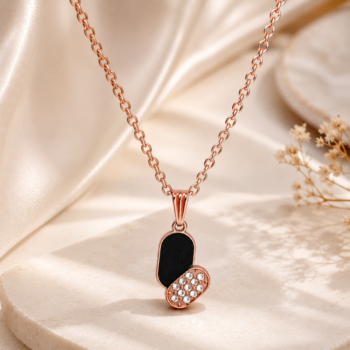 Rose Gold Black Pendant Necklace and Earrings Set for Women