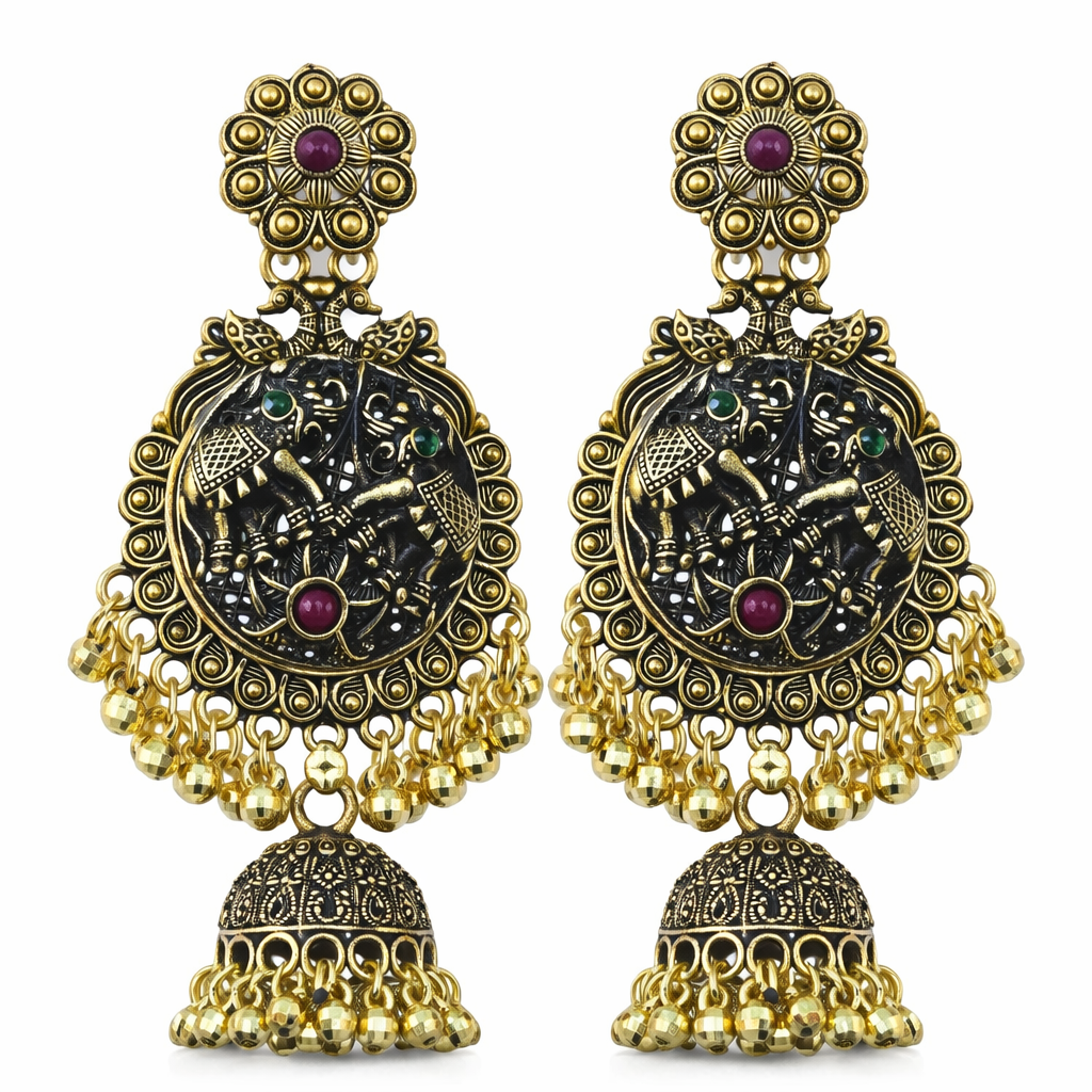 Antique Gold Krishna Jhumka Earrings with Ruby & Green Stones