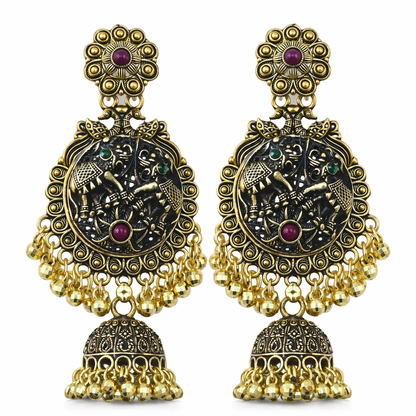 Antique Gold Krishna Jhumka Earrings with Ruby & Green Stones