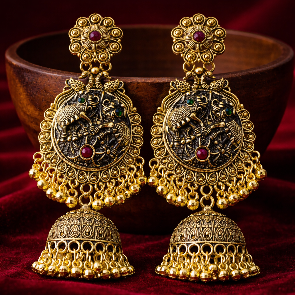 Antique Gold Krishna Jhumka Earrings with Ruby & Green Stones