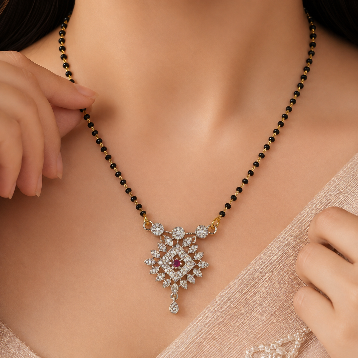 Elegant Black Beaded Ruby Pendant Mangalsutra for Women