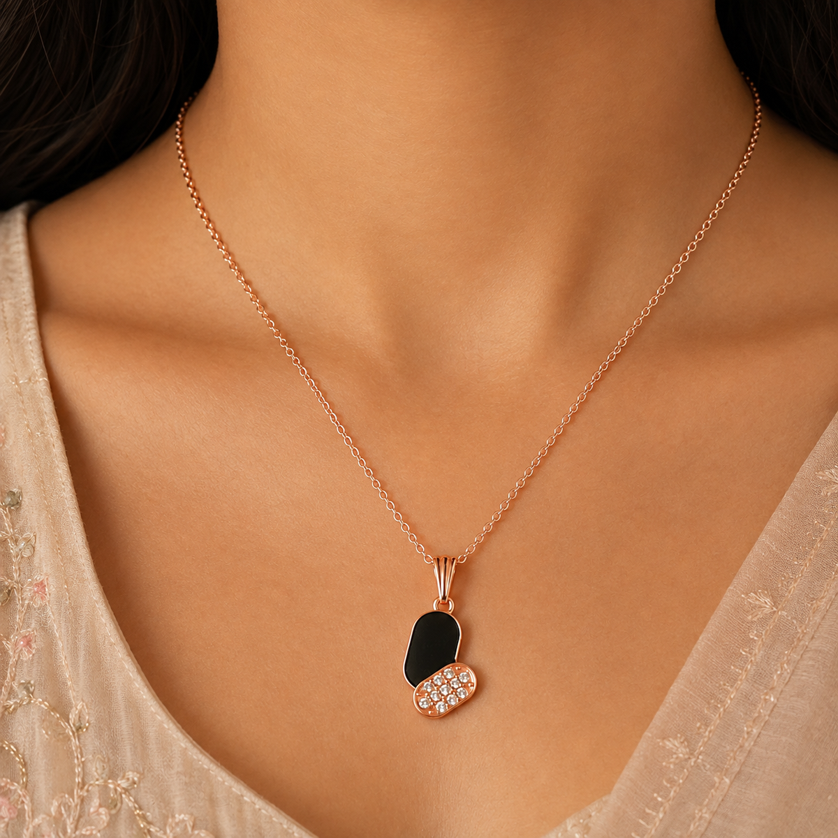 Rose Gold Black Pendant Necklace and Earrings Set for Women