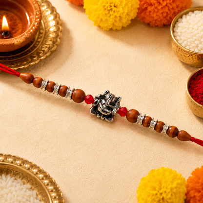 Premium 925 Silver Ganesha Wooden Beads Rakhi