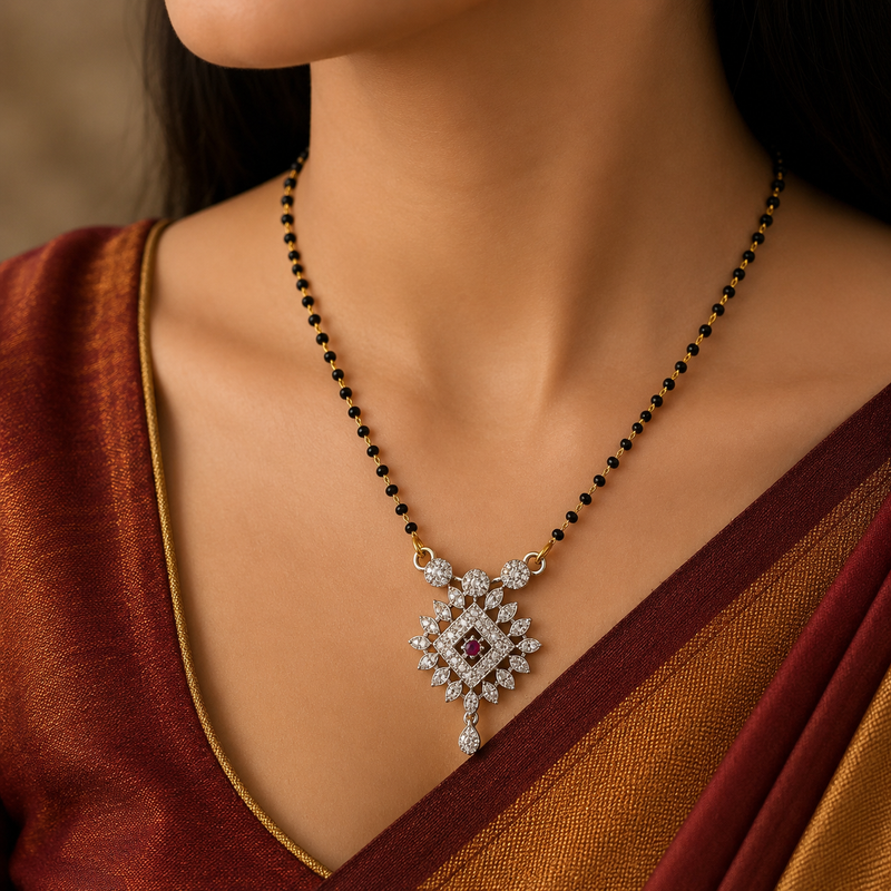 Elegant Black Beaded Ruby Pendant Mangalsutra for Women
