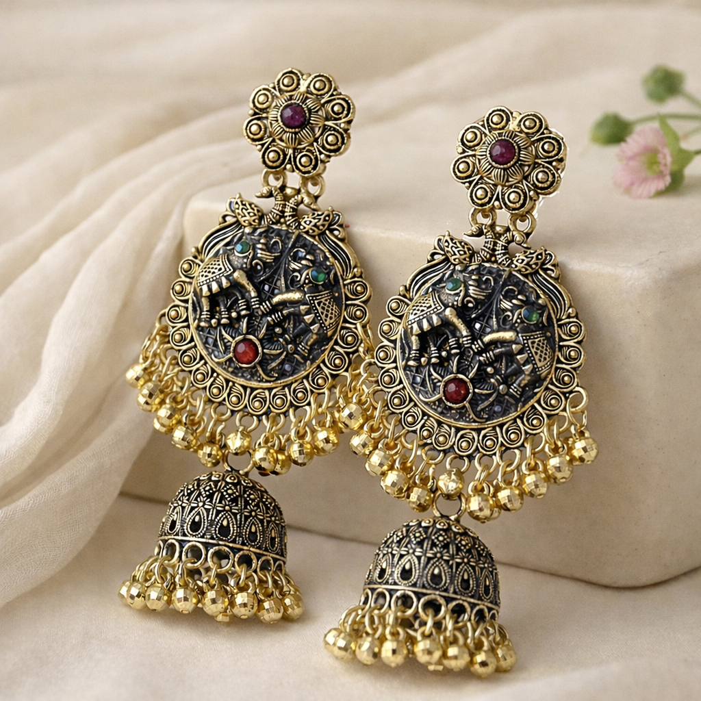 Antique Gold Krishna Jhumka Earrings with Ruby & Green Stones
