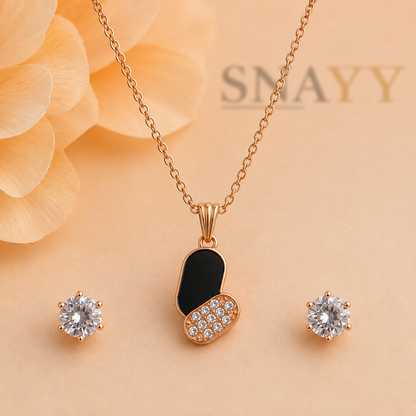 Rose Gold Black Pendant Necklace and Earrings Set for Women