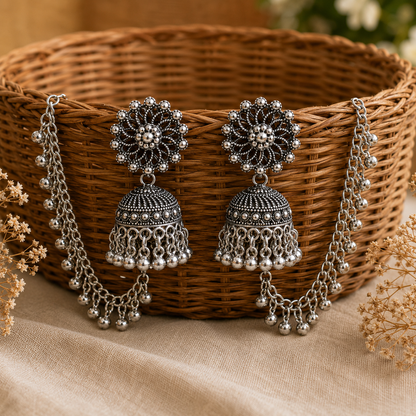 Antique Silver Floral Jhumka Earrings for Women | Traditional Jewellery