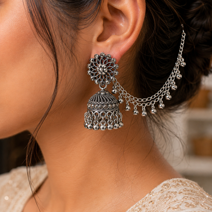 Antique Silver Floral Jhumka Earrings for Women | Traditional Jewellery