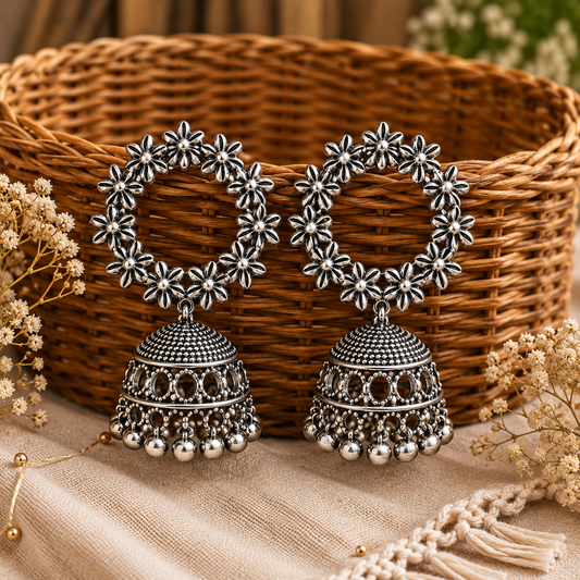 Silver Oxidised Floral Jhumka Earrings for Women | Traditional Statement Earrings