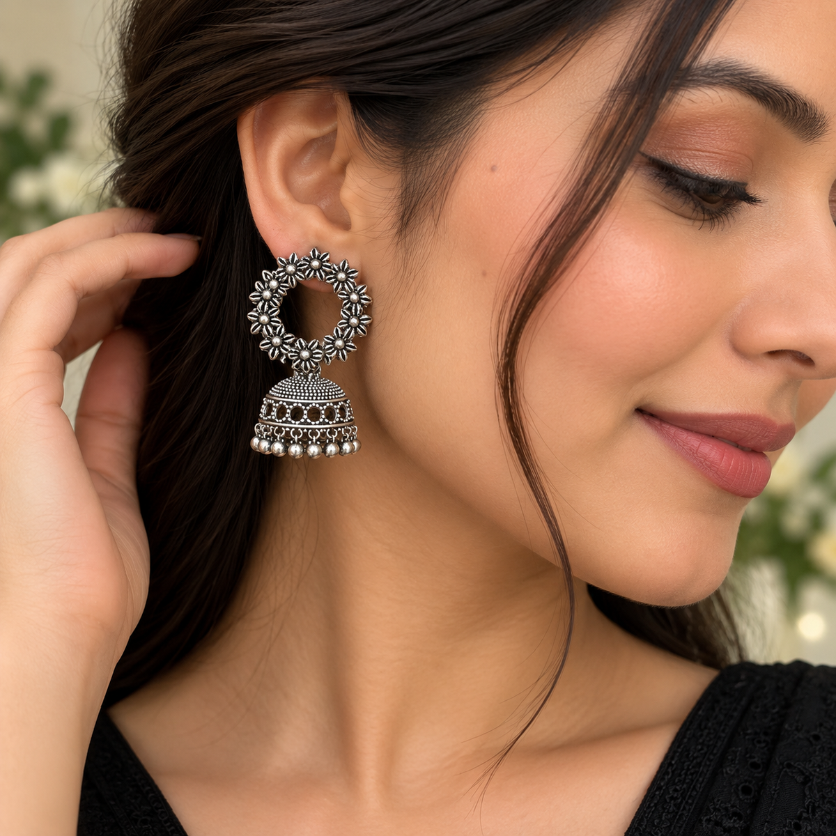Silver Oxidised Floral Jhumka Earrings for Women | Traditional Statement Earrings