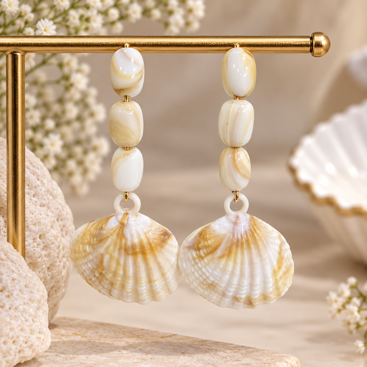 Shell Drop Earrings for Women | White & Golden Pearl Shell Dangle Earrings
