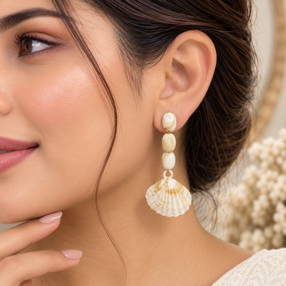 Shell Drop Earrings for Women | White & Golden Pearl Shell Dangle Earrings