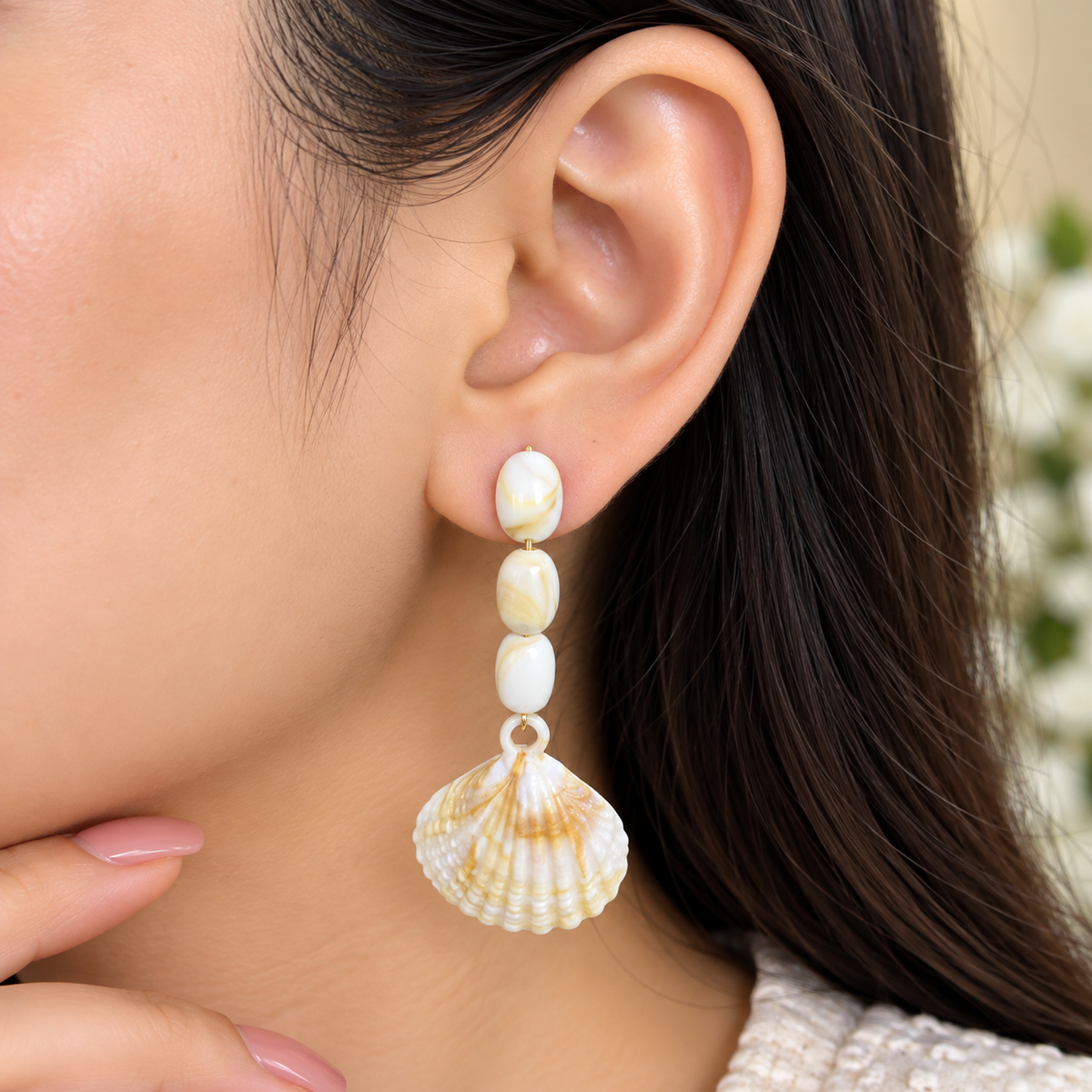 Shell Drop Earrings for Women | White & Golden Pearl Shell Dangle Earrings