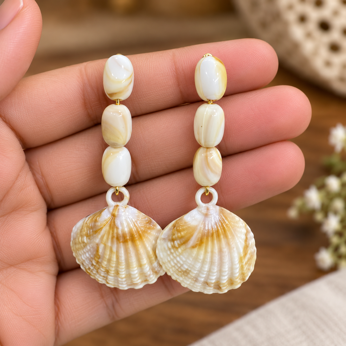 Shell Drop Earrings for Women | White & Golden Pearl Shell Dangle Earrings