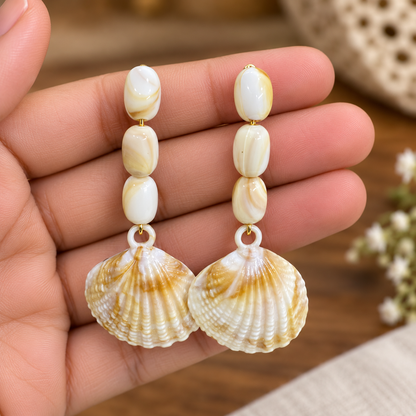 Shell Drop Earrings for Women | White & Golden Pearl Shell Dangle Earrings